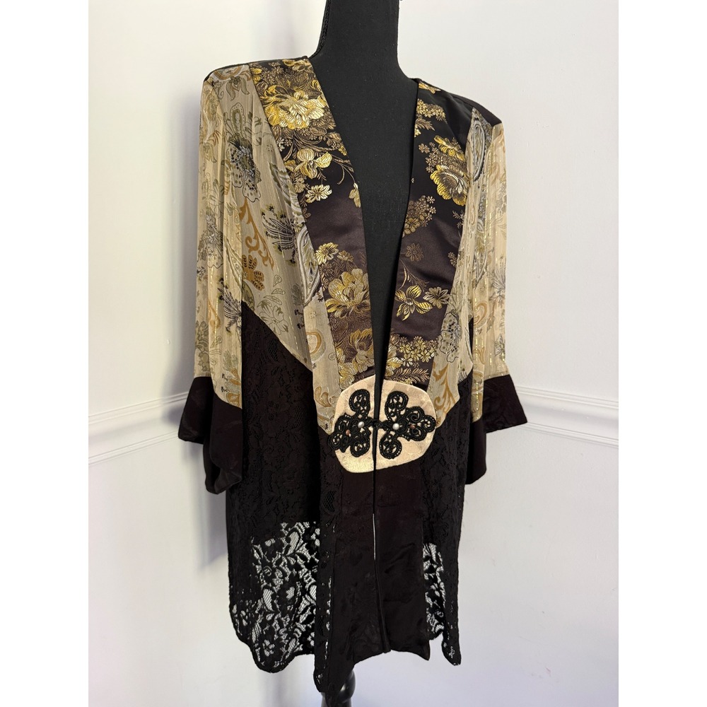 Vintage Mixed Media Lace Silk Floral Brocade Cardigan kimono Black Gold Plus XL